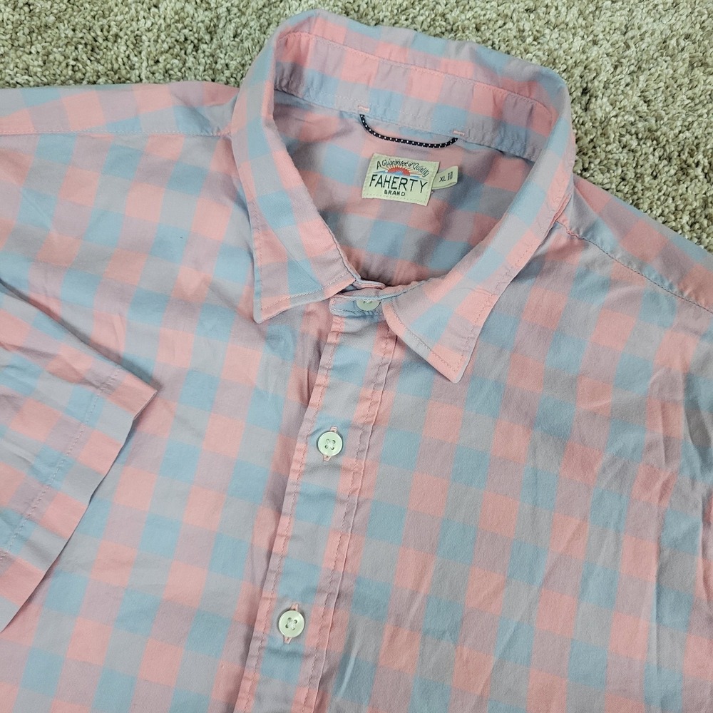 Faherty‎ Mens XL Blue Pink Check Button Down Short Sleeve